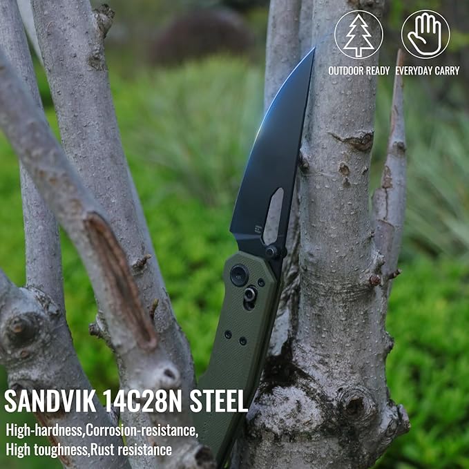 Sharplyn Folding Pocket Knife, 3.6" 14C28N Steel Blade with Black PVD Non-Slip OD Green G10 Handle Lightweight EDC Knife for Men Women Sharp Clip-On Knives for Camping Survival Hiking