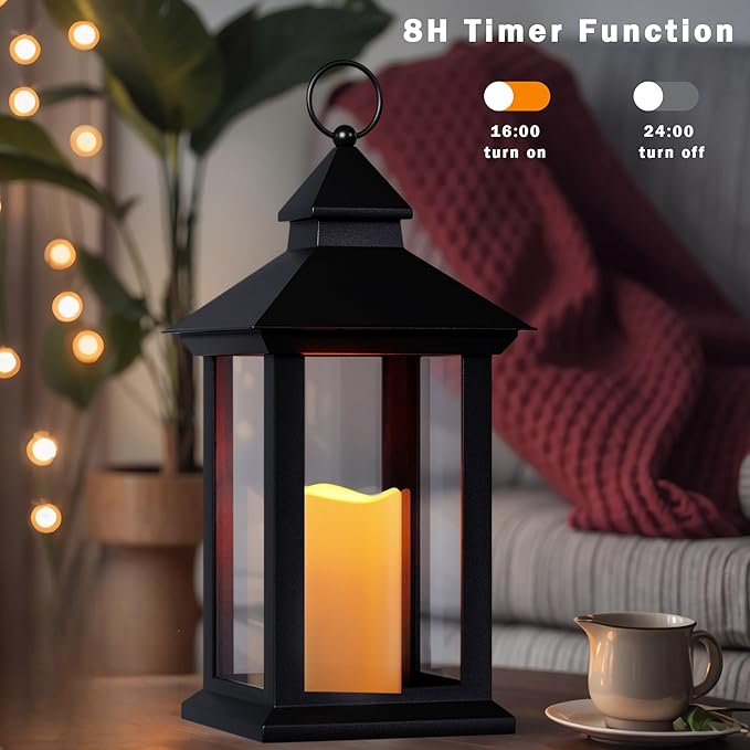 Lanterns Decorative Indoor, 1 Pack Black Outdoor Lantern with Timer, 14" Lantern Waterproof with