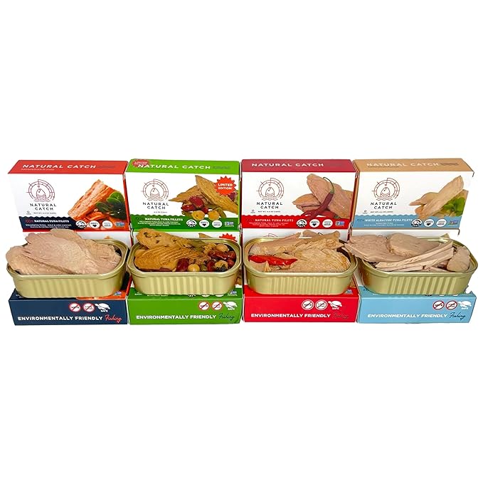 Natural Catch Tuna Filets Variety Pack, Hand Cut, Pole & Line Caught, 130 Calories Gluten-Free, Paleo, Keto Friendly, Premium Yellowfin & Albacore Tuna in Extra Virgin Olive Oil (4.4 oz per can- Pack of 12) (Variety)