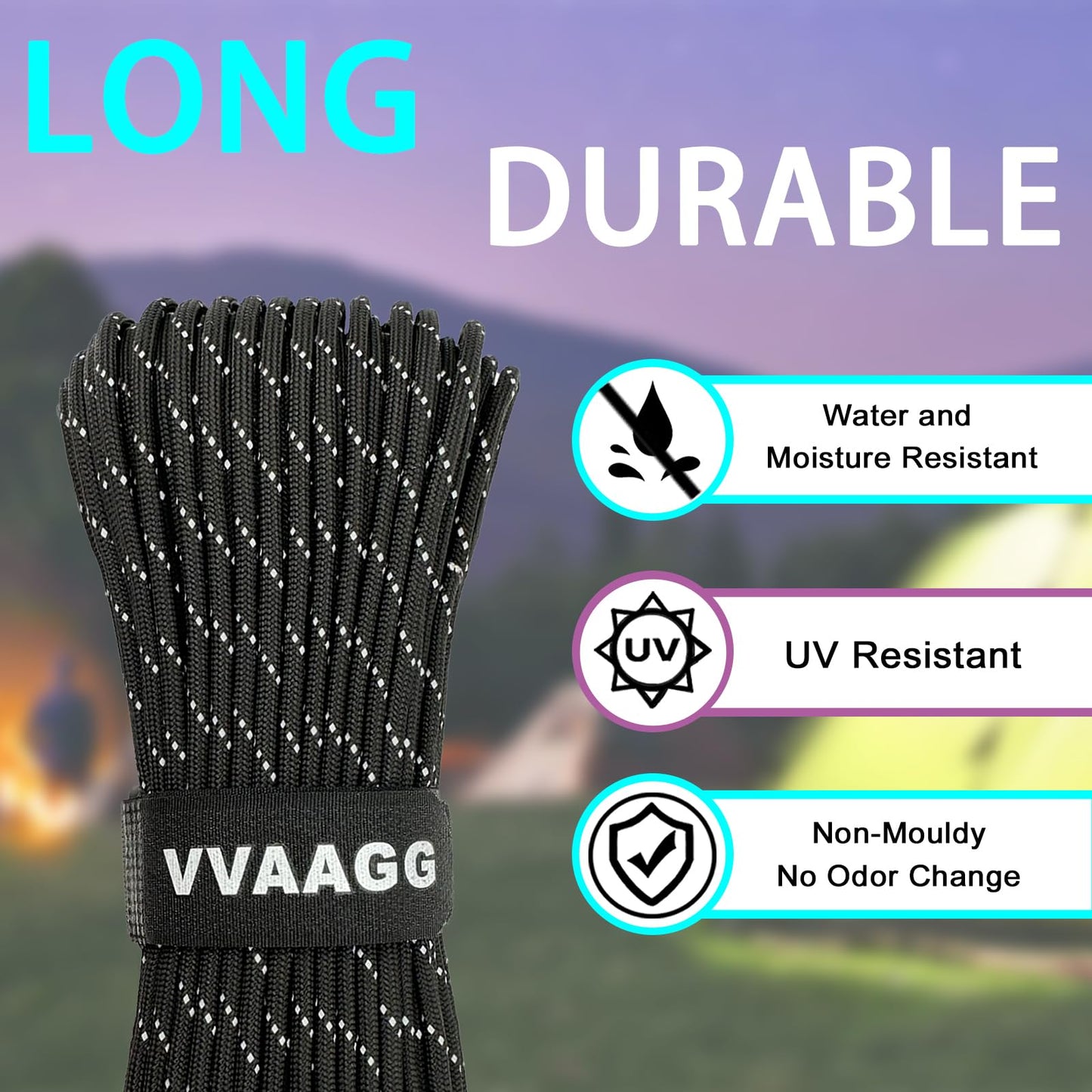VVAAGG Reflective Paracord, 550 Parachute Cord, 4MM 7 Strand Nylon Rope