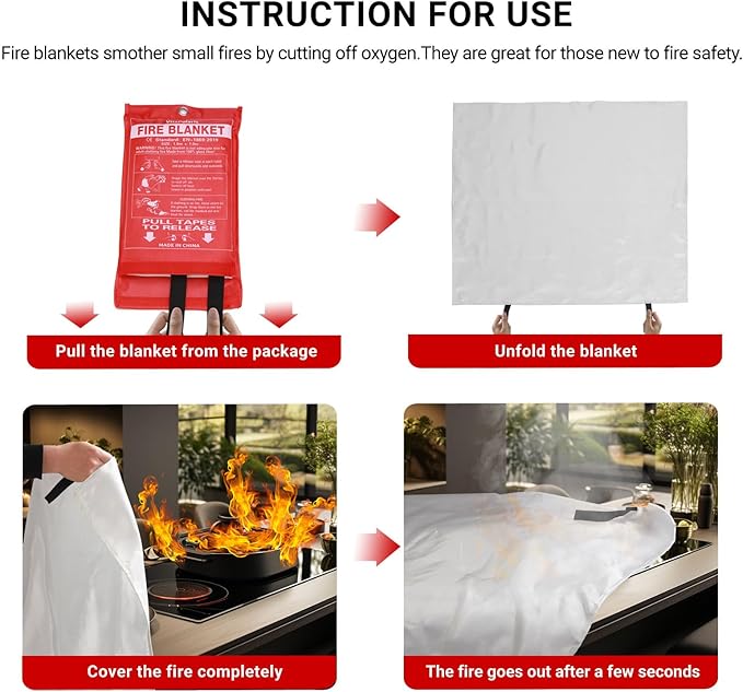 Heavy-Duty Emergency Fire Blanket, 4 Pack ??Fireproof Fiberglass Blanket for Kitchen, Home, Car, Grill, Fireplace, Camping, Heat Shield, Grease Fires, Emergency Fire Suppression