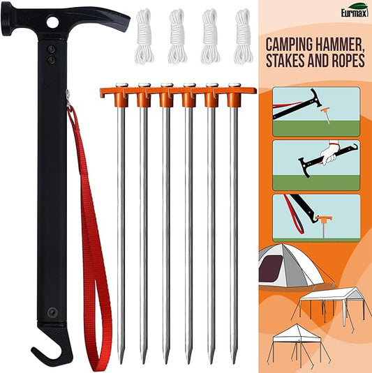 Eurmax USA Hiking Camping Tent Stakes and Hammer Set Lightweight Multi-Function Tent Hammer with Tent Stake Remover,Tent Pegs for Camping, Hiking, Backpacking, Gardening(Orange Stopper Stakes)