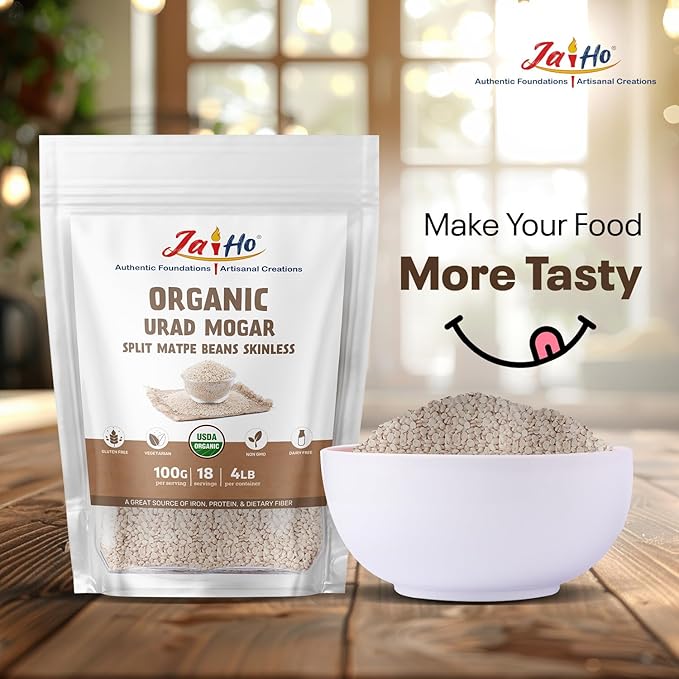 Jai Ho Certified Organic Kabuli Chana Garbanzo Beans 4 lb | Chickpeas Lentils | Indian Kabuli Chole Chana | USDA Organic | Non-GMO | Chemical-Free | Premium Quality Kosher (4 Pound, Urad Mogar Dal (W/O Skin))