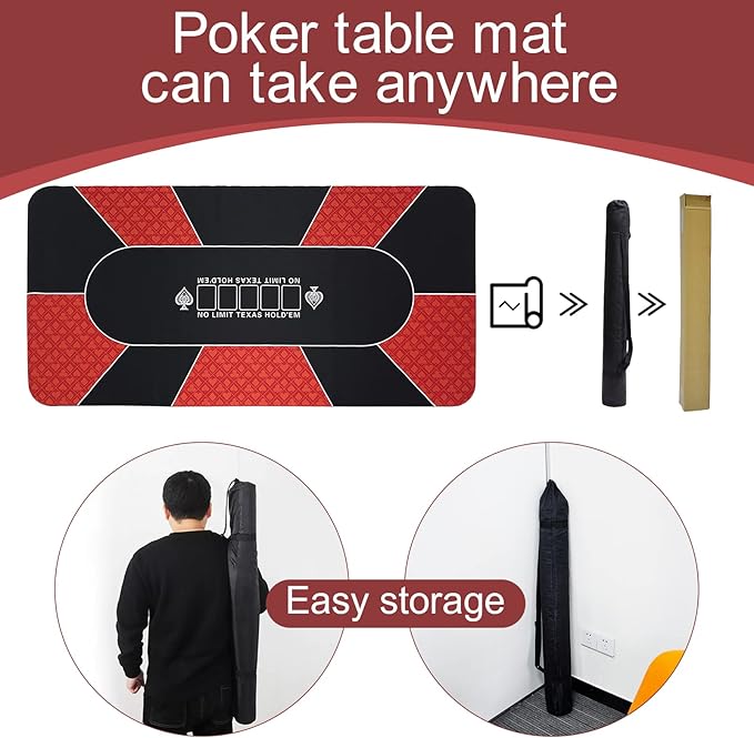 CONTINUE Poker Table Mat - 8-10 Player Texas Hold'em Poker Mat - Anti-Slip Rubber Table Top Layout with Carrying Bag - Black (Rectangle Red)