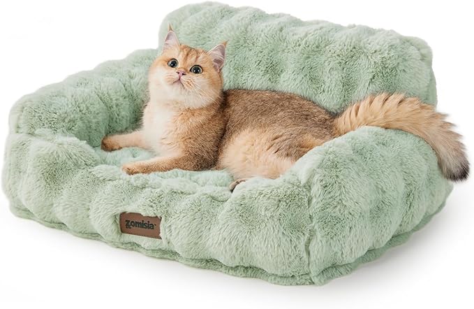 Cat Couch Bed for Indoor Cats-Orthopedic Cat Sofa with Supportive Egg Foam, Fluffy Cute Faux Fur Removable Washable Cover and Non-Slip Bottom, Sage Green