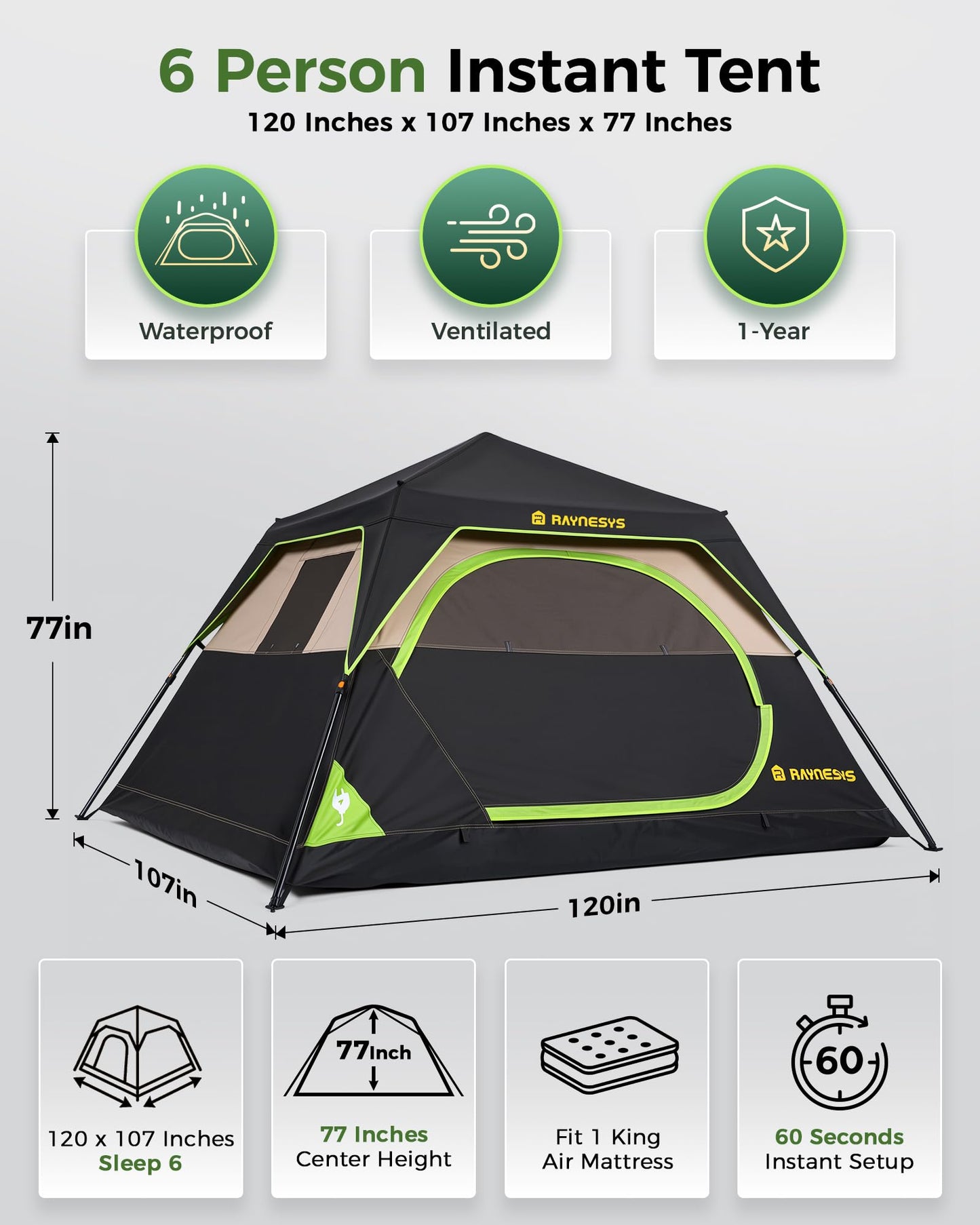 6 Person Camping Tent, Setup in 60 Seconds, Waterproof,Outdoor Camping