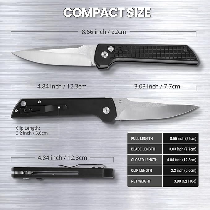 Pocket Knife for Men, Tactical Folding Knife with Clip, 3.94" D2 Steel Blade, Aluminum Handle, Safety CNC EDC Knives, Survival Gadgets Gifts for Men Women Camping Hiking Everyday Carry