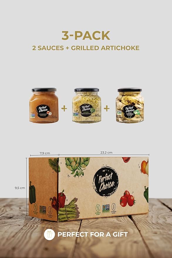 Perfect Choice Delicious Grilled Artichoke Halves, Artichoke Bruschetta, Caramelized Onion Mix (Pack of 3) - Ready-to-eat - Delicious for Salads, Burgers & more