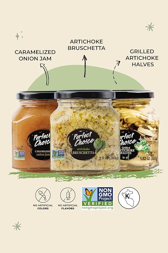 Perfect Choice Delicious Grilled Artichoke Halves, Artichoke Bruschetta, Caramelized Onion Mix (Pack of 3) - Ready-to-eat - Delicious for Salads, Burgers & more