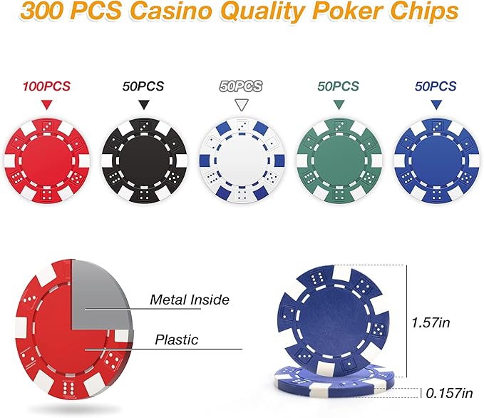 LUCKYERMORE 300 PCS Poker Chips Set 11.5 Gram Poker Set Casino Clay Poker Chips Poker Sets with Case for Texas Holdem Gambling Blackjack 1 Dealer Buttons, 2 Decks