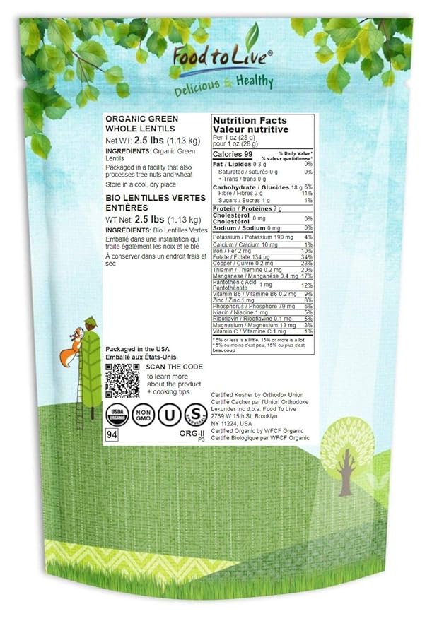 Food to Live Organic Whole Green Lentils, 2.5 Pounds ??Non-GMO, Dried Raw Beans, Sproutable, Vegan, Kosher, Bulk. High in Folate, Dietary Fiber, Protein. No Soaking Required. Great for Burgers.