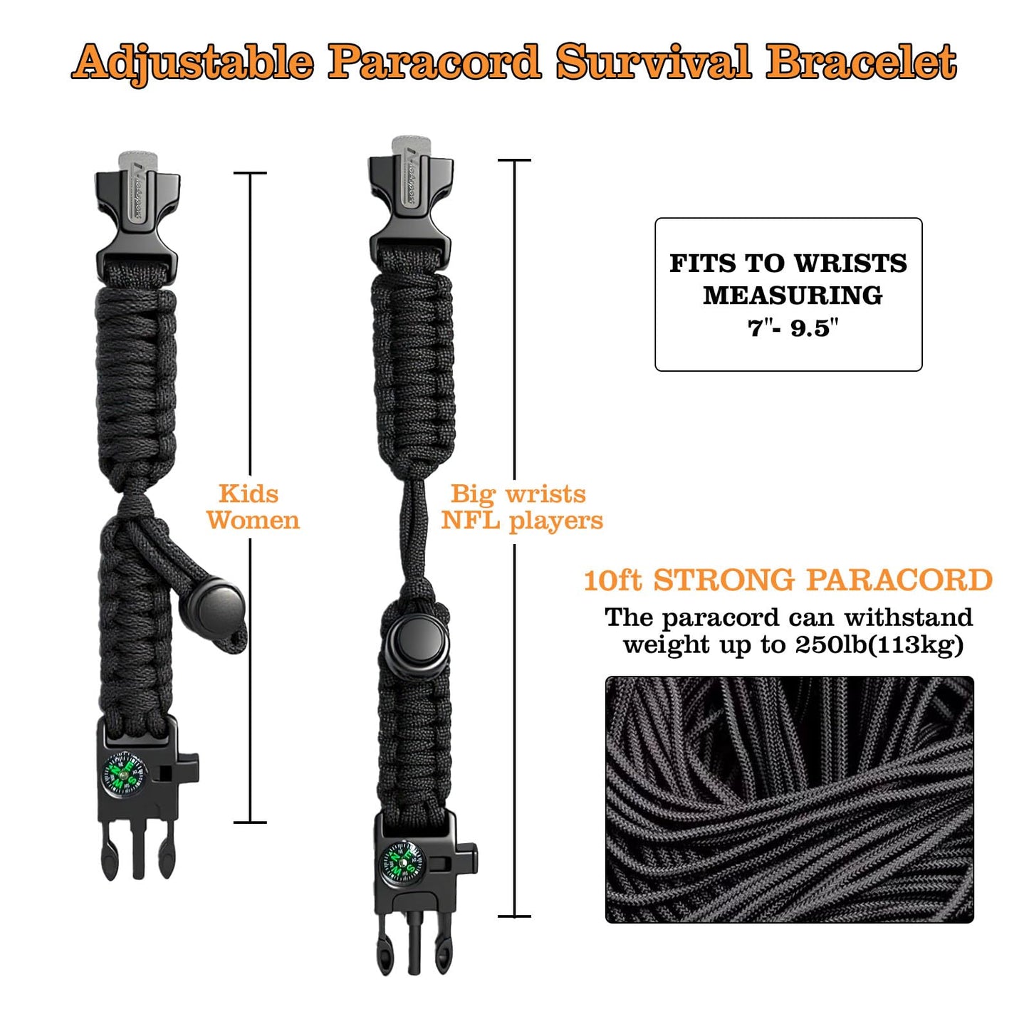 NVioAsport Paracord Survival Bracelet (3 Pack) - Adjustable with Fire Starter, Whistle, Compass