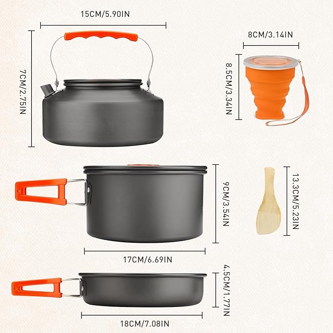 Camping Cookware Camping Cooking Set, Non-Stick Pots and Pans with Kettle, 2 Stainless Steel Plates, 2 Water Cups, 2 Sets of Knives and Forks, Spatula, Dish Towel, Backpack Storage Bag