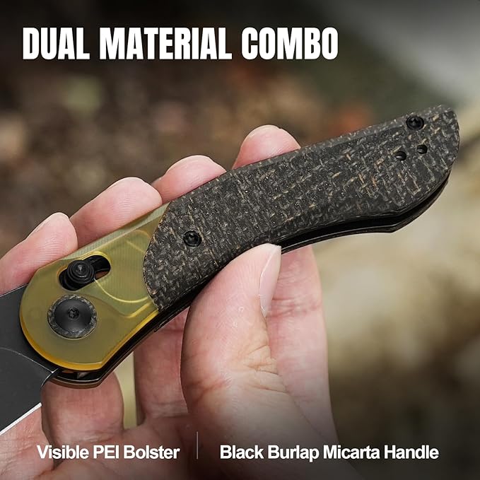 Kizer Mini Mystic Pocket Knife, 3.2" 154CM Blade EDC Hunting Survival Knife with Black Burlap Micarta and Yellow PEI Handle, Camping Folding Knives with Clutch Lock & Thumb Stud Opener, V3636C1