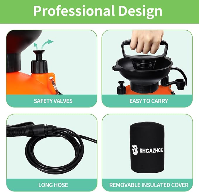 1.3 Gallon/5L Portable Shower with 10 Spray Modes, No Power Needed, Multi-use Sprayer for Camping & Beach Shower, Hiking, Pet Bath, Car Washing, Plant Spraying, Orange