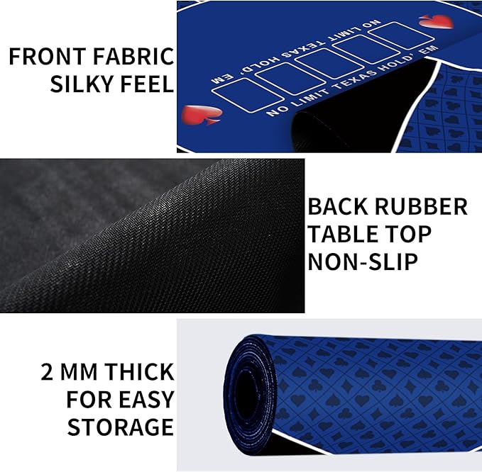 nuveti 24/31/39/47/55/63 inch Square Foldable 6-Player Texas Poker Card Tabletop Layout Portable Anti-Slip Rubber Board Game Mat Texas Hold'em Poker Mat for Family Game, Casino, Party