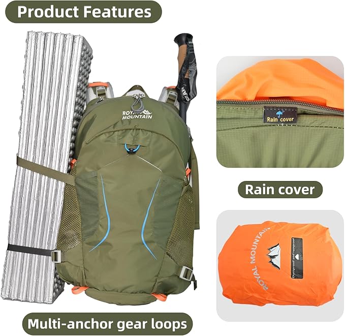 30L Hiking Backpack Lightweight Waterproof and Durable Backpack with Ventilated Sweat-Wicking Internal Frame Daypack for Men and Women Camping Travel and Outdoor Adventures,Green