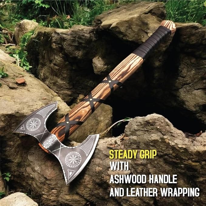 Viking Axe of Ragnar Lothbrok Norse Hunting Axes Sharp Blade Hunting Axe, High Carbon Steel Blade with Rose Wood Handle Camping Axes Viking Hatchet Gift for Dad (Double Head Axe)