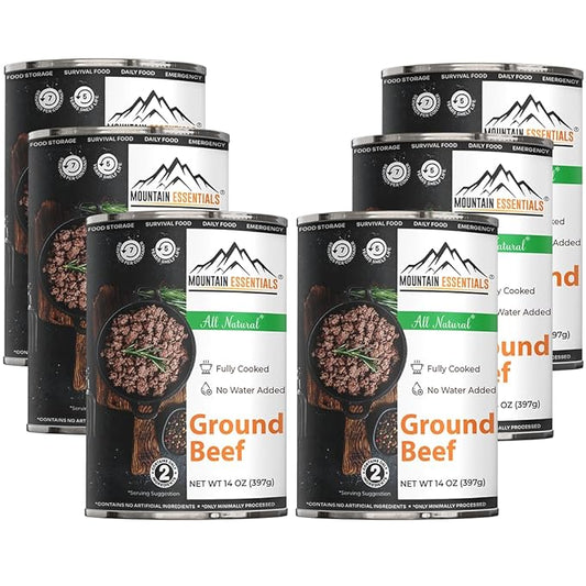 MOUNTAIN ESSENTIALS Ground Beef 14 Oz Fully Cooked Ready to Eat Hamburger Meat Emergency Survival Bulk Food Storage Canned Meat Perfect for Quick Meals 5 Years Shelf Life Made in USA Pack of 6