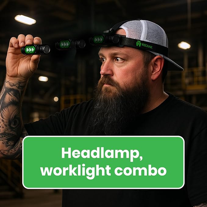 KODIAK 1500 Lumen Headlamp ??Rechargeable Hard Hat Light with Detachable Work Light, Magnetic Base, USB Charging, Adjustable Tilt, 4 Brightness Modes