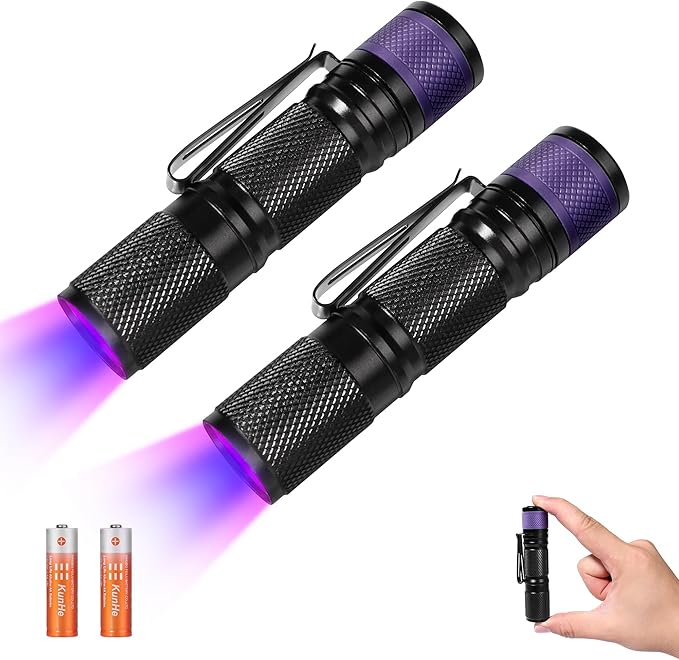 KunHe Mini UV Flashlight 395nm Black Light 2Pack Mini AA Battery Ultraviolet LED Blacklight Flashlight Woods Lamp Powerful Portable Detector for Pet Urine Dry Stains Scorpions Bed Bug Resin Curing