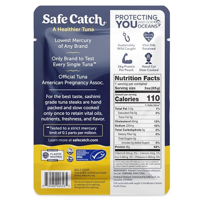 Safe Catch Wild Ahi Yellowfin Tuna Fish Pouches, Wild Caught, Lowest Mercury, Lean Protein, Omega 3, Gluten-Free, Kosher, Pack of 12