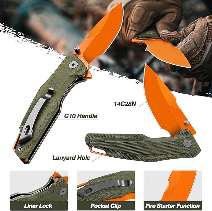 FINTISO Pocket Knife, 3.26" Premium 14C28N Blade G10 Handle with Fire Starter Function, Folding Knife with Pocket Clip for Men Women, EDC Knife for Outdoor Camping, Hunting, Hiking, Survival, Falcon Series