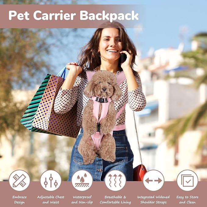 Pet Carrier Backpack, Adjustable Front Dog Carrier, Legs Out Dog Chest Carrier, Waterproof Dog Back Pack for Small Medium Dogs Cats Puppies and Rabbits Hiking Camping (Pink, Medium)