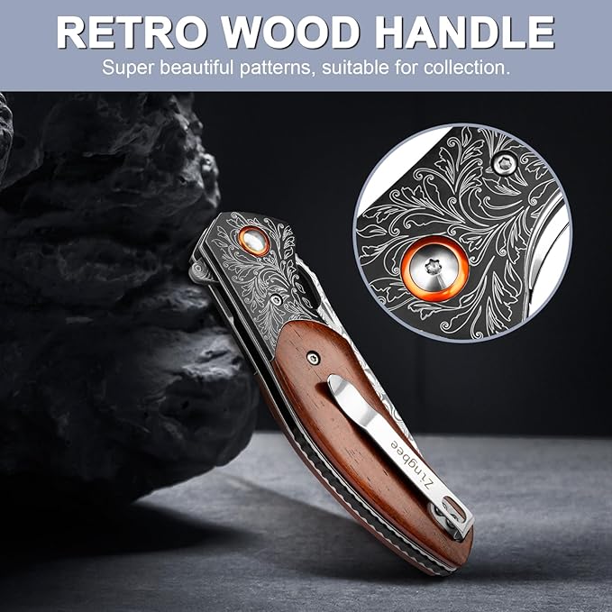 Damascus Pocket Knife with Sheath, 3.35" Damascus Steel Blade Knife with Wooden Handle, EDC Pocket Knives & Folding Knives for Outdoor Camping, Ideal Gifts for Men Women