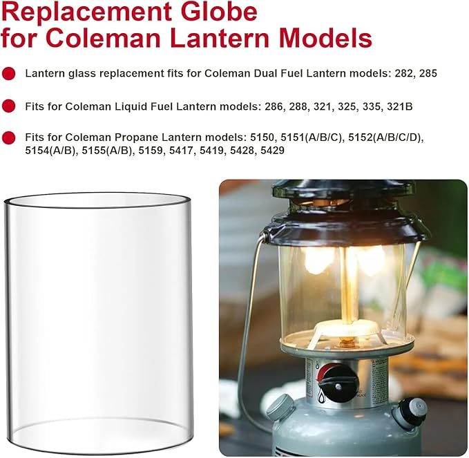 Glass Globe for Dual Fuel Lanterns Replacement - Compatible with Coleman Model 288 Series Propane Lanterns - Crack Resistant Outdoor Lighting Accessories for Camping, Hiking & Emergency Use