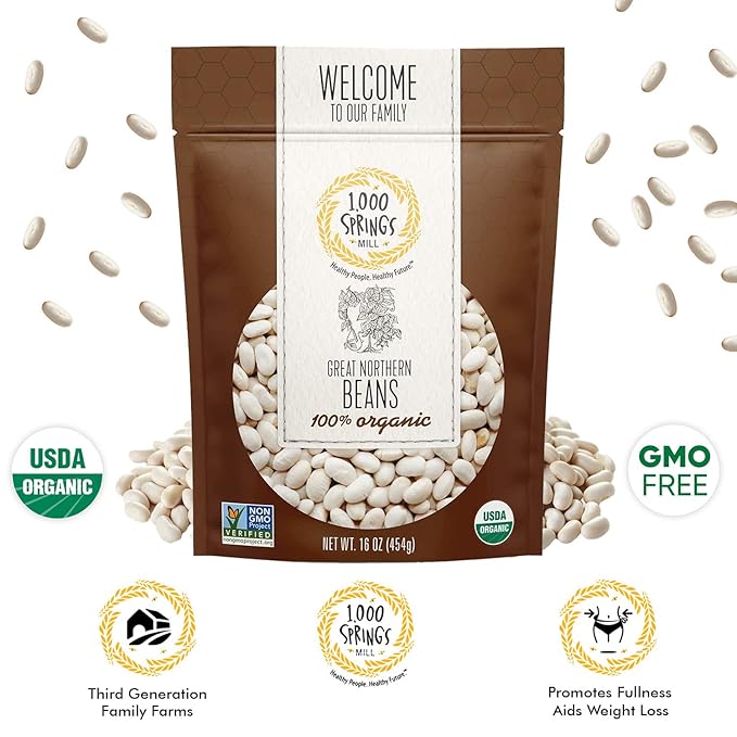 1000 SPRINGS MILL - Organic Great Northern Beans - Used for Salads, Soups, Stews, Casseroles, Chili, and Snacks - Bulk Dry White Beans - Resealable Bag - Vegan Friendly - 16oz (Pack of 1)
