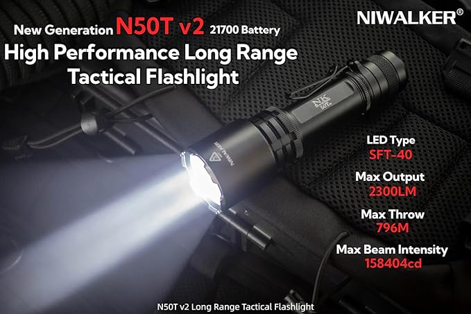 N50T V2 Tactical Flashlight 2300 Lumens, Rechargeable EDC Flashlight with 800 Meters Long Throw, LED Flash Light Spotlight for Camping Hiking Hunting Searching (Black)