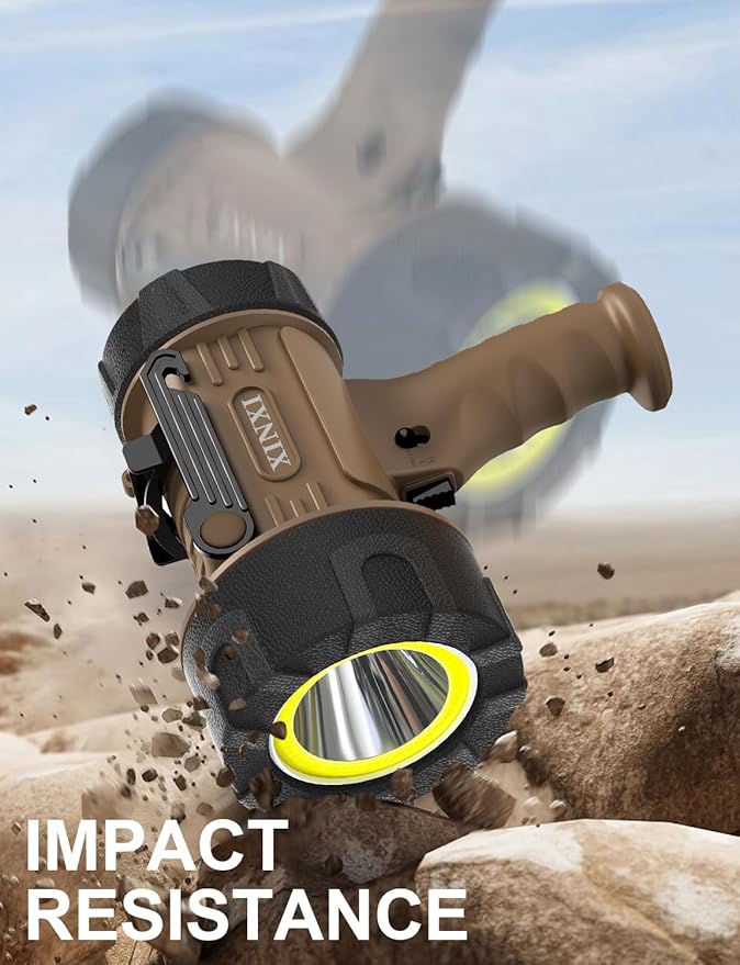 XINXI Super High Bright Rechargeable Spotlight with COB Floodlight, 6 Light Modes and USB Charger for Hiking, Boating, Hunting, IP67 Waterproof Handheld Flashlight with red Filter(Brown)