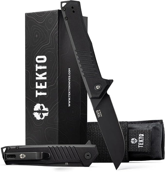 F1 Alpha Folding Pocket Knife - Modified Straight Back Blade, Titanium Coated D2 Steel, Ideal for Outdoor Camping and Backpacking, Tactical G10 Black Handle, Black Titanium Accents