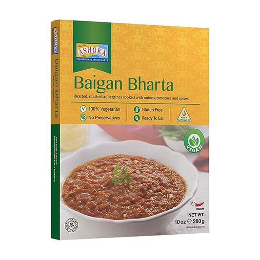 Ashoka All-Natural Entrees 1932, Vegan Mashed Aubergines, Kosher Certified, Microwave Ready Meals, Authentic Baigan Bharta, Portable Backpack Friendly Food, Gluten-Free, No Preservatives, Pack of 1