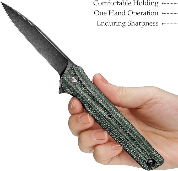 EDC Pocket Knife for Men,Folding Knives with Reversible Clip,Liner Lock 3.4'' Black 14C28N Steel Blade,Green Micarta Handle,Seagull-G