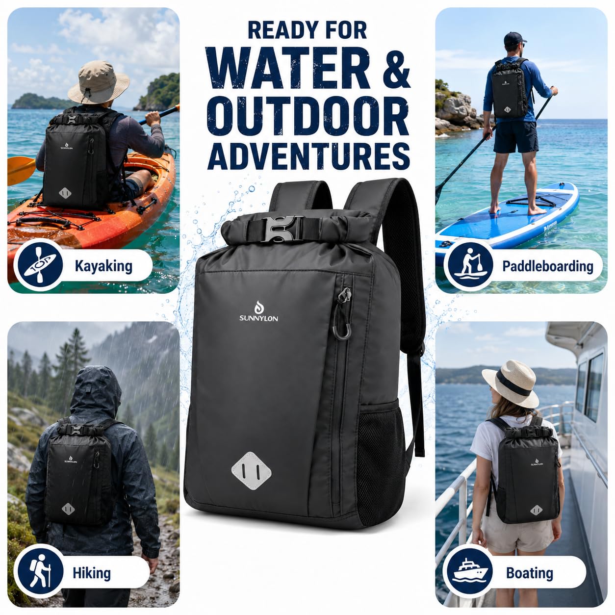Sunnylon Dry Bag Backpack, 20L Dry Bag Waterproof with Waist Pouch and Phone Case,Roll top Dry bag