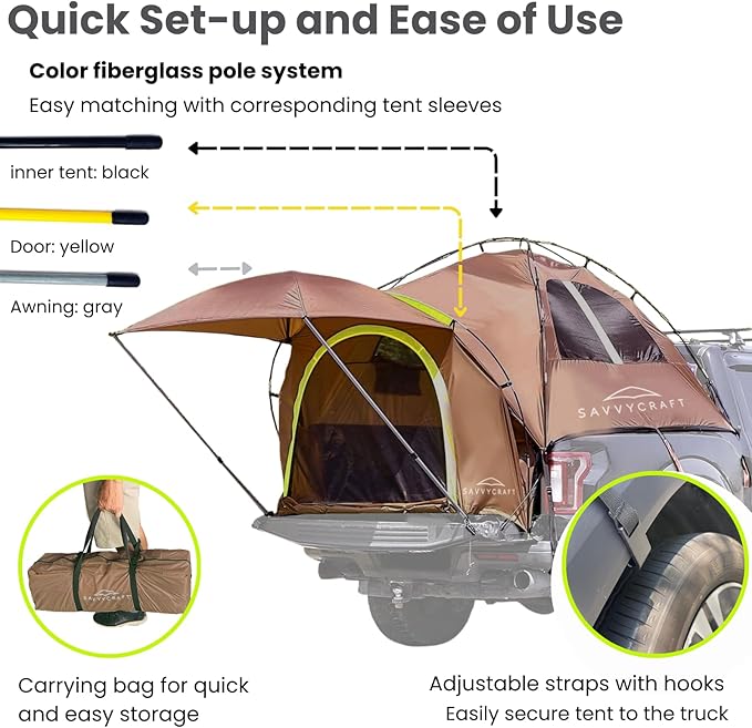 Savvycraft Pickup Truck Tent for Full Size and Mid Size Truck Short Bed and Long Bed, Waterproof P3000mm 2-Person Double Layer Truck Bed Camping Tent, Expandable Awning, Rainfly, Storage Bag Included