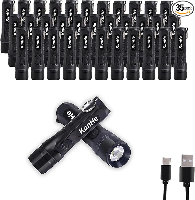 KunHe 35 Pack Bulk Keychain LED Flashlight Small Mini Rechargeable Flashlight Pocket Keychain Light Portable 300 Lumens for EDC Emergency Gift