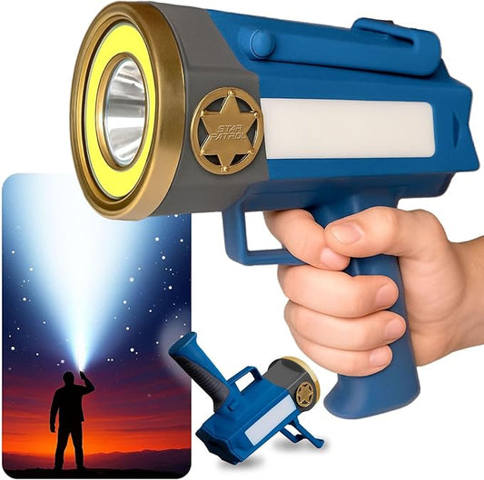Mega-Bright Rechargeable Spotlight, AS-SEEN-ON-TV, Tactical & Emergency Flashlight, 10 Modes, Turbo Boost Up to 100%, Built-in Kickstand & Phone Charger, for Camping, Emergencies, Walking