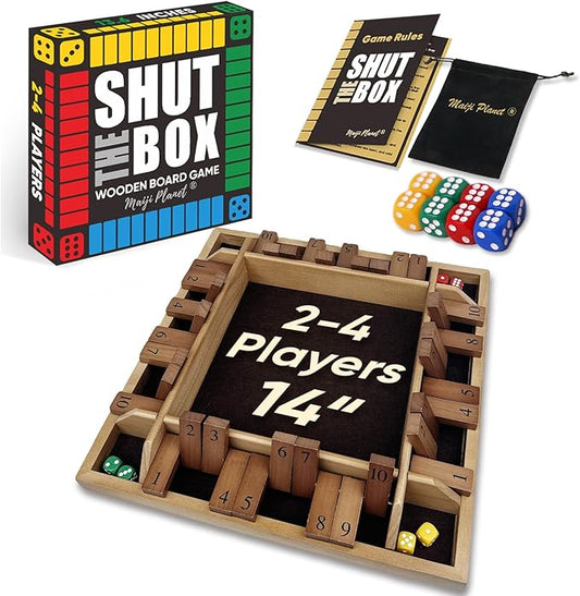 14" Deluxe Shut The Box Game, Math Dice Board Game for Family Night Classroom Travel, Wooden Table for Group Kid Adult Senior, Travel Party Bar, Easy Quick and Fun, 2-4 Players