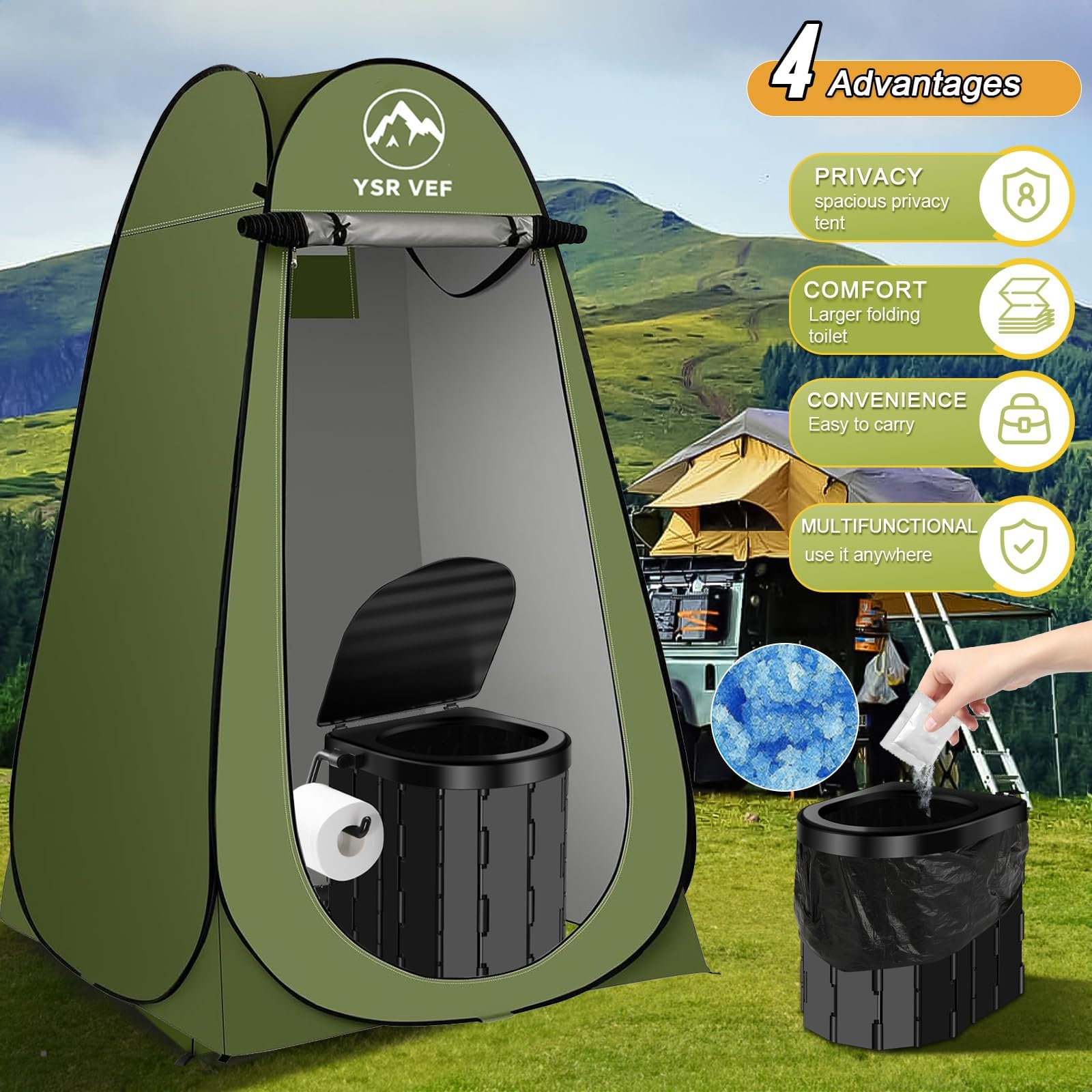 Portable Camping Toilet Kit with Pop-Up Privacy Tent, Washable Outdoor Shower and Changing Room