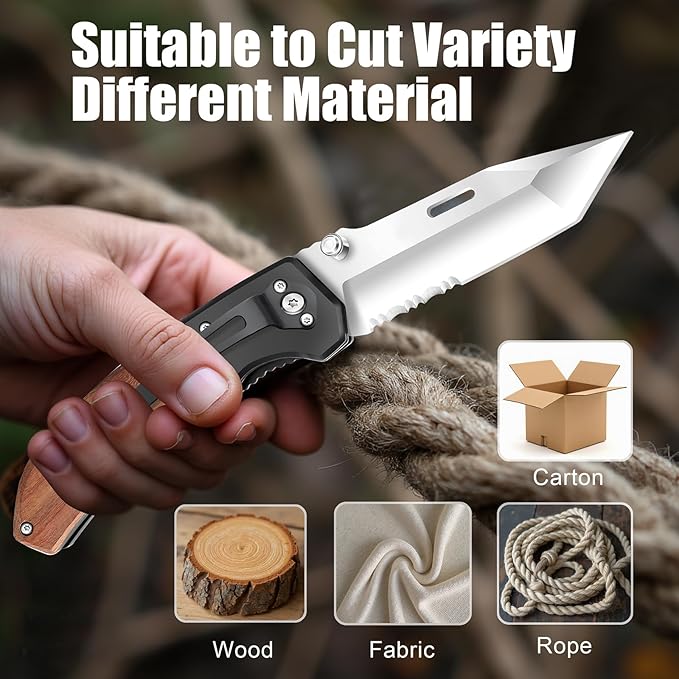 Vickay Pocket Knife, Folding Knife with Clip - 3.54″ Tanto Serrated Blade, Wood Handle EDC Knife for Men & Women, Outdoor Camping, Tactical, Hiking, Survival - Father’s Day Gift (Satin Silver)