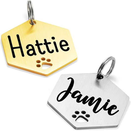 Ultra Joys Dog Tags Personalized for Pets - Hollow Paw Custom Pet ID Tag - Engraved Dog Tag for Small, Large Dogs - Small Hexagon in Gold
