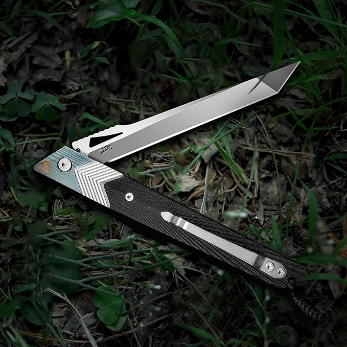 Folding Knife with Clip, 14C28N Steel Tanto Blade, Non-slip Titanium Alloy Handle Lightweight EDC Gentleman's Pocket Knife with Sheath for Belt