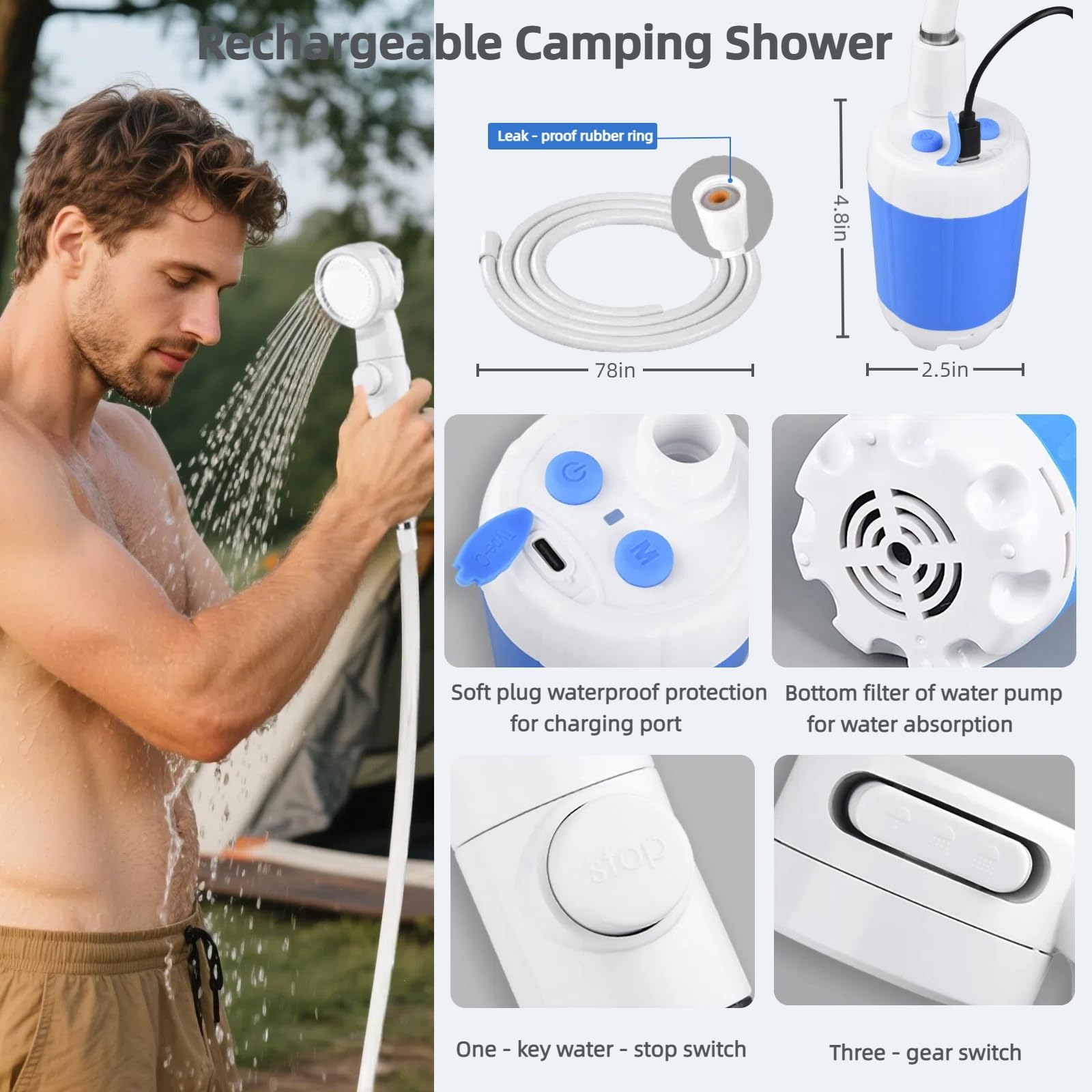 Portable Shower for Camping, Rechargeable Portable Camping Shower Pump with USB-C, Camp Shower with