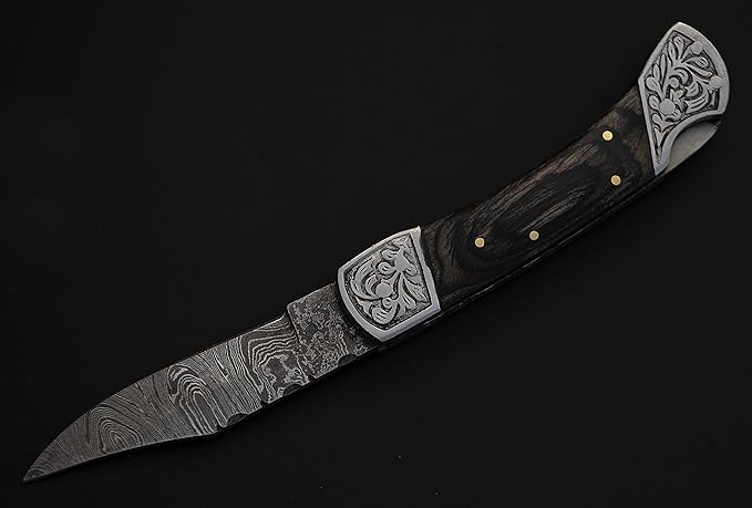 8.5" long Folding Knife, Wood Scale with Engraved steel bolster, custom made 4.25" Hand Forged Damascus steel blade Cow hide leather sheath with belt loop (Black)