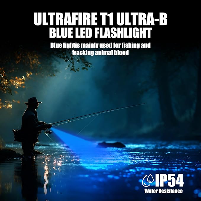ULTRAFIRE Blue Light Flashlight,450-460nm High-Purity Single Mode Blue LED, Portable Compact for Night Fishing & Hunting, Professional Outdoor Visibility Enhancer (T1 Ultra-B)