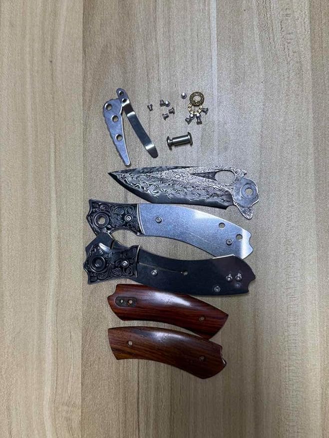 Damascus Steel Folding Pocket Knife with VG10 Core, Wooden Handle & Leather Sheath, Outdoor Knife and Gift for Collectors, Knife Lovers, and Enthusiasts