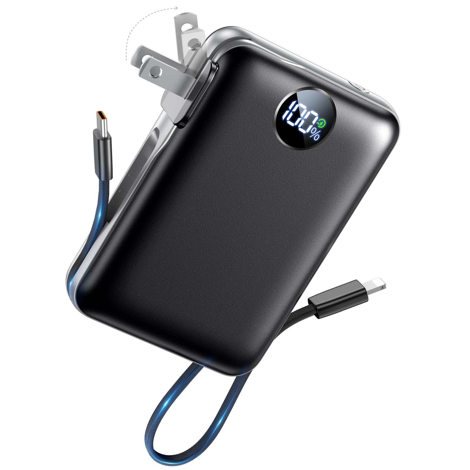 Portable Charger Power Bank 10000mAh, 45% Smaller Built-in Cables & AC Plug